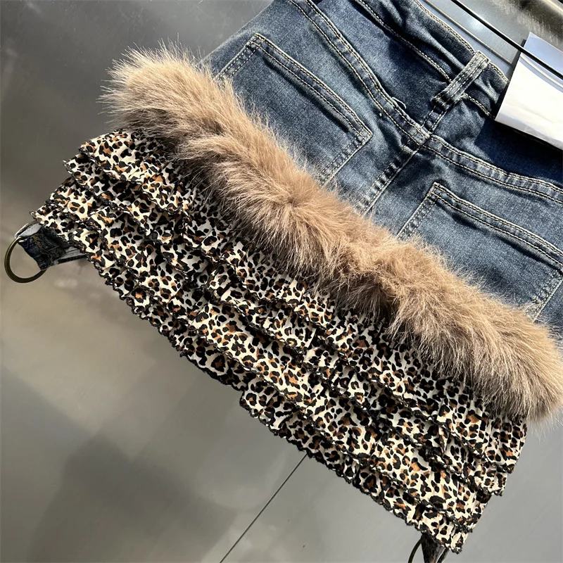 Y2k Fur Splicing Denim Short Skirt Leopard Print High Waist A Line Tiered Skirt Spicy Girl Wrapped Hip Skirt Street Fashion