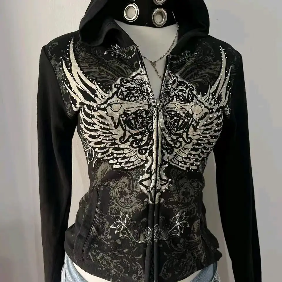 Harajuku Jacket Y2k Clothes Woman Rhinestone Wing Print Hoodies Grunge Gothic Vintage Punk 90s Slim Hot Girl Hooded Zip-up Emo