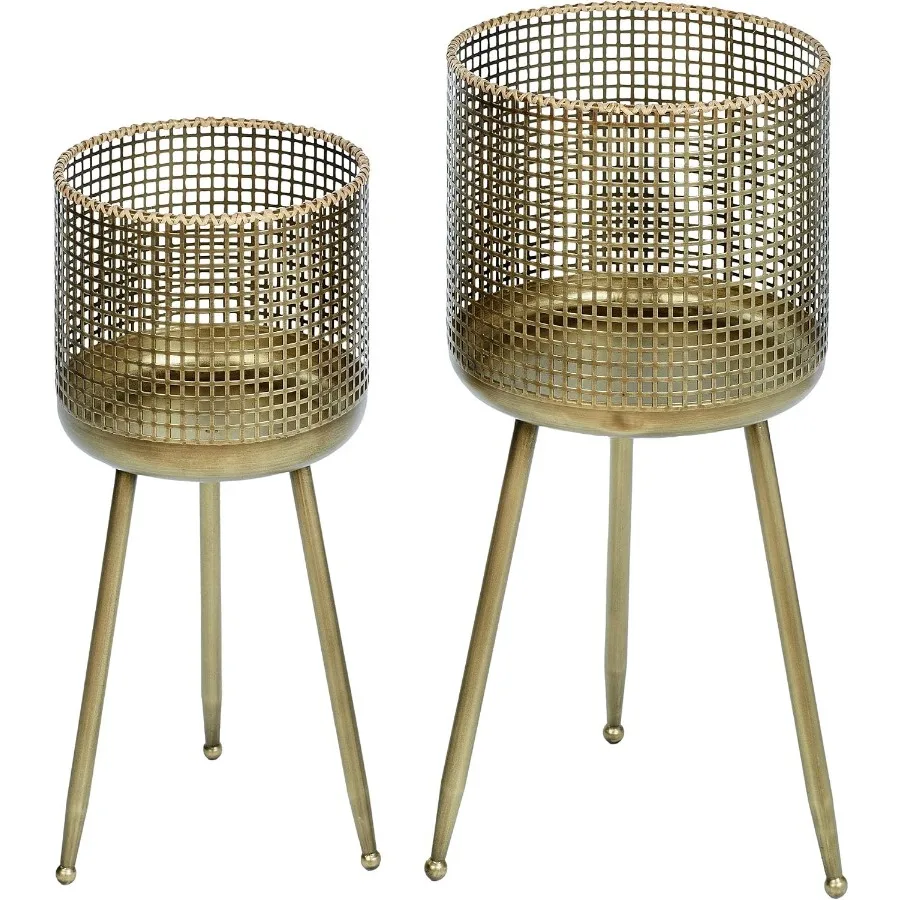 Foster Planter Stand Set of Two Gold-Finished Metal Raised Stands Indoor or Covered Outdoor Use Openwork Geometric Square Woven