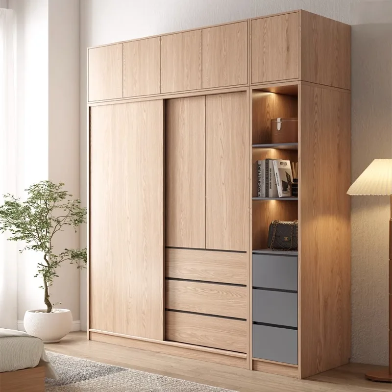 Modern minimalist solid wood wardrobe, household sliding door, particle board bedroom, natural wood color storage wardrobe