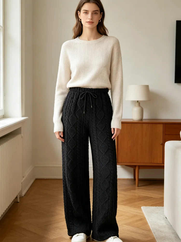 Women Knit Wide Leg Trousers Drawstring Waist Textured Cable Knit Loose Fit Pants Casual Loungewear Daily Outfit