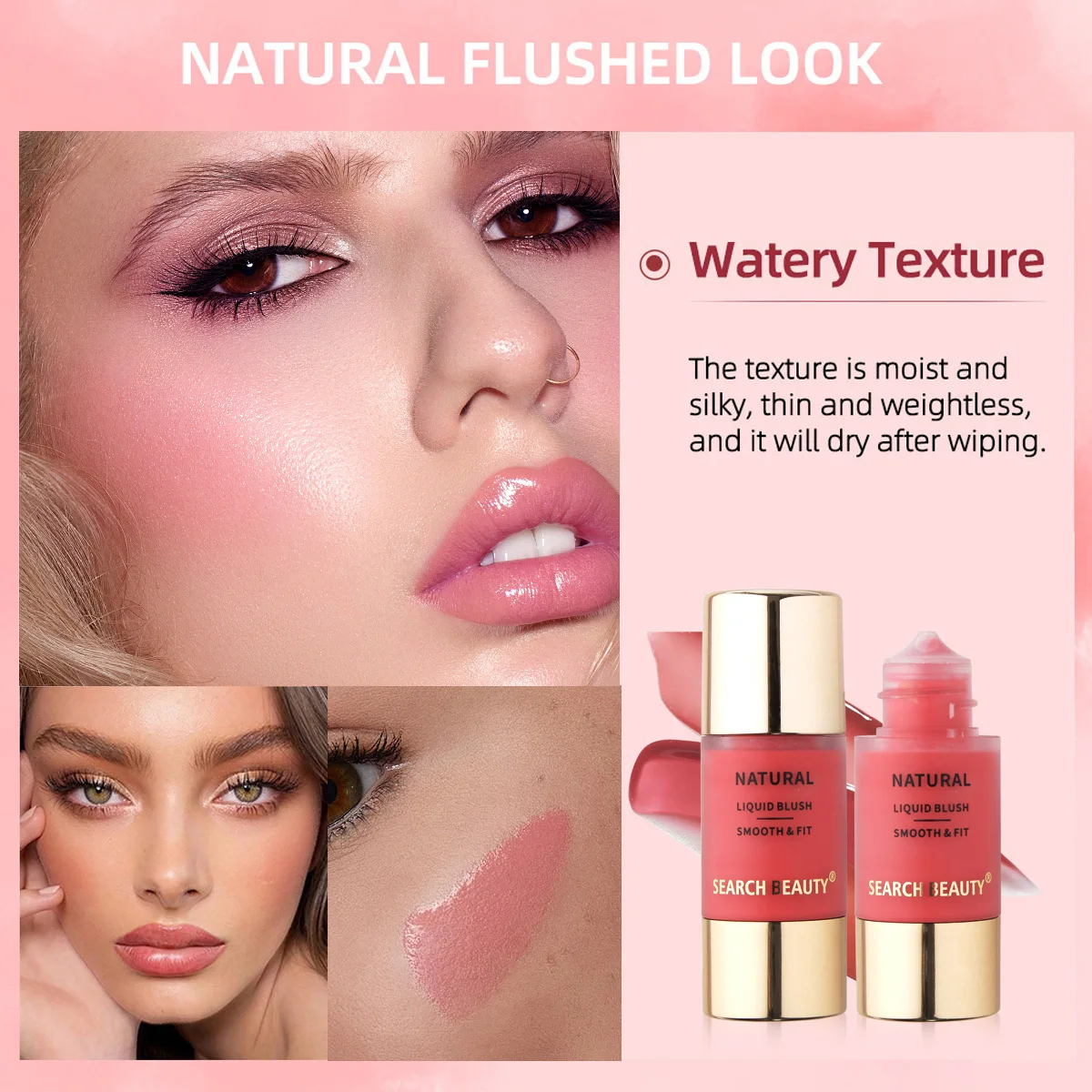 Rubor Líquido Natural Dewy, Rubor Líquido Multiusos para Mejillas y Labios, Fácil de Usar para Principiantes, Efecto de Maquillaje con Brillo Rosado Acuoso