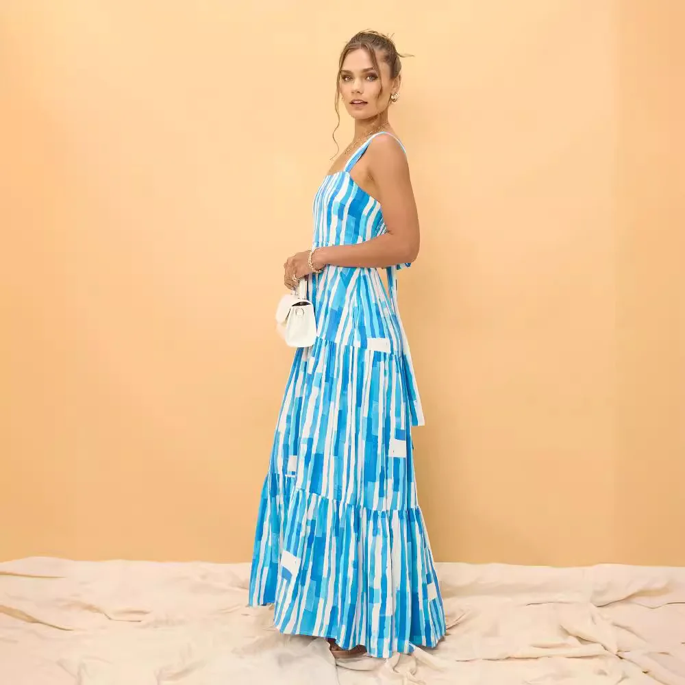 Robe d'été rayée à col à un mot, style vacances européennes et américaines, nouvelle collection 88116