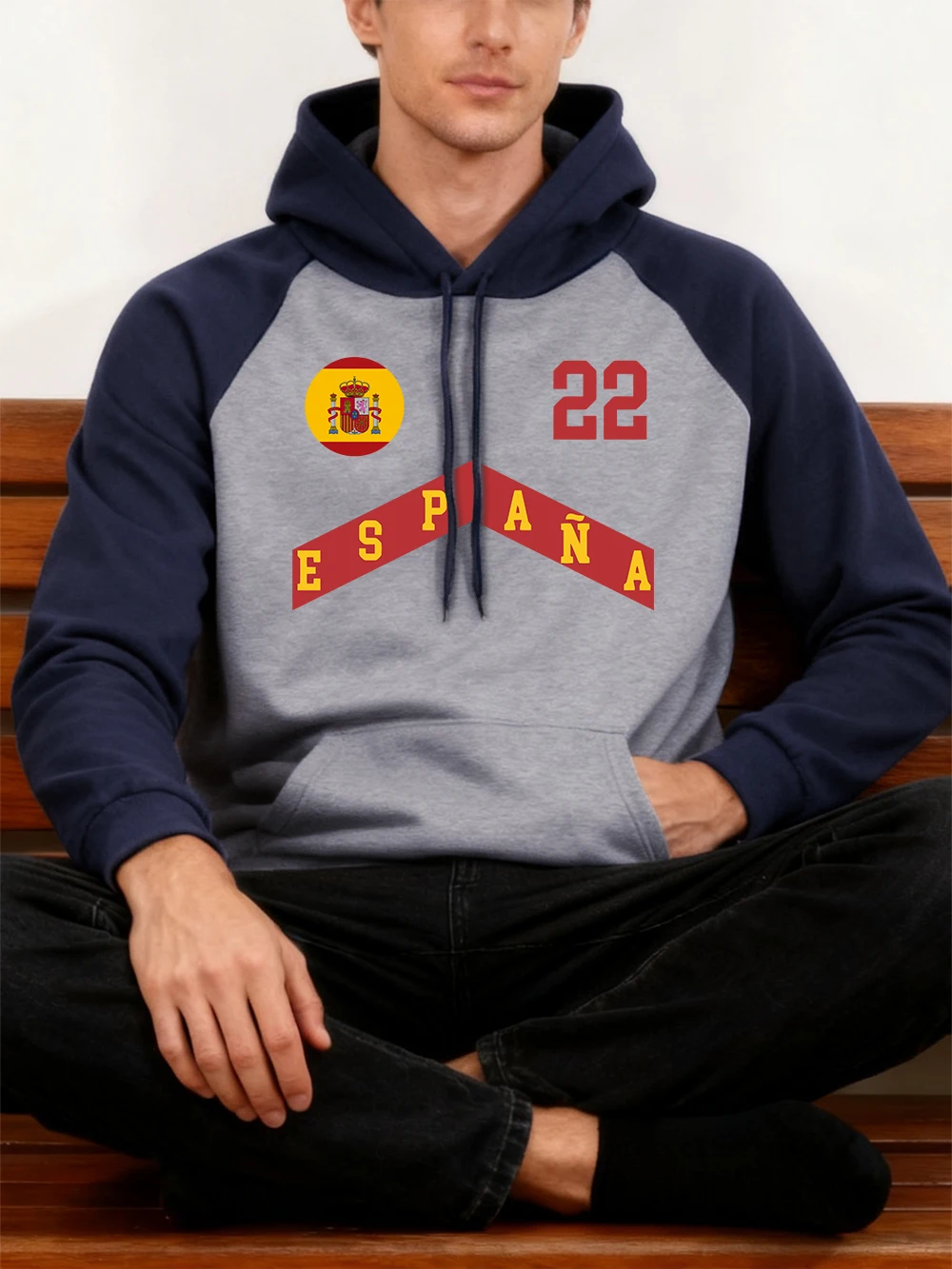Sudadera con capucha con estampado de bandera de España para hombre, Tops con bolsillo raglán de otoño e invierno, ropa de calle informal con capucha de lana holgada con empalme