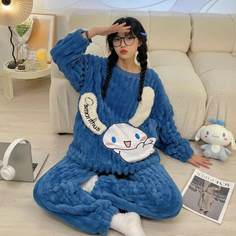 Sanrios Cinnamoroll Plush Pajamas for Women Cute Pompom Purin Kuromi Pochacco Winter Thickened Coral Velvet Student Home Clothes