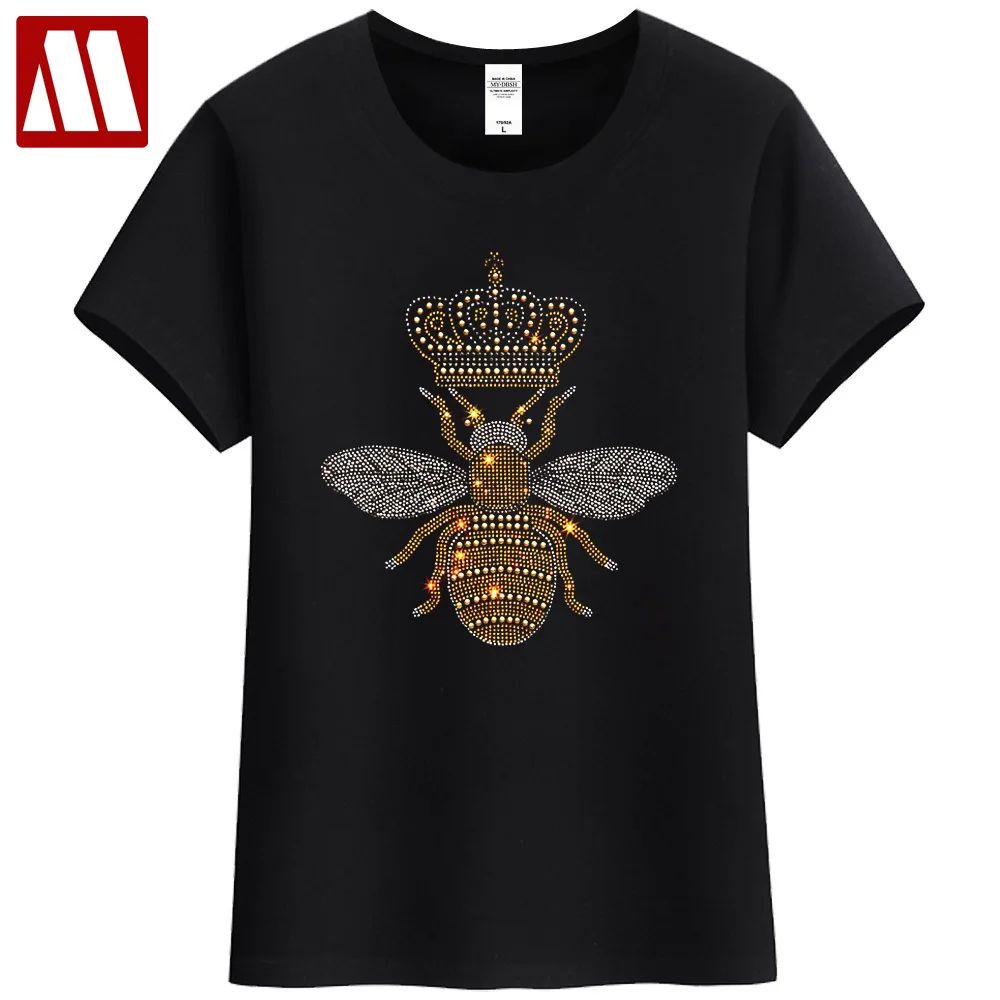 

Harajuku женские футболки женские забавные футболки с короной и бджолами и бриллиантами модная женская хлопковая футболка с бисером черного/белого цвета со стразами