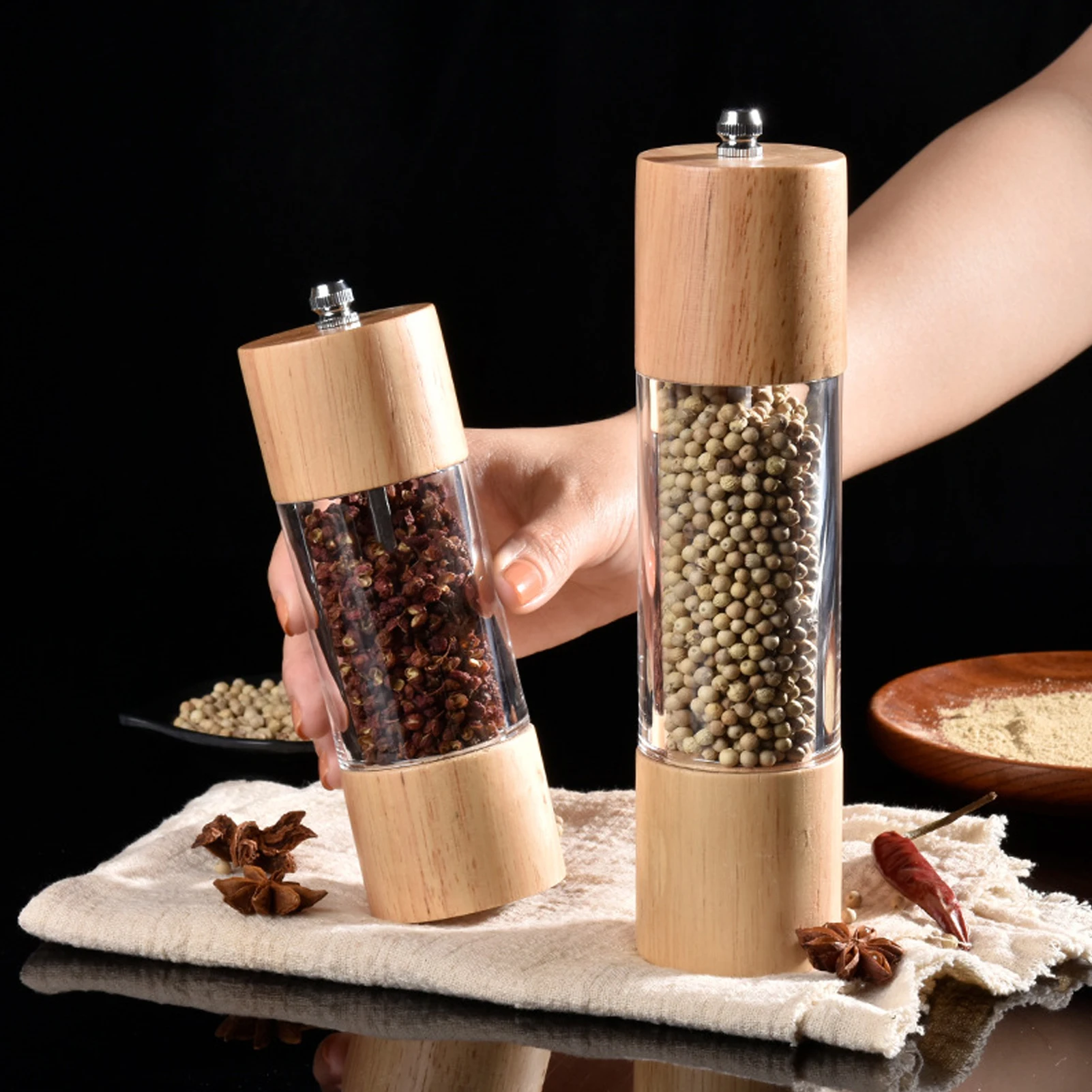 Manual Pepper Grinder, Wood Acrylic Pepper Grinder, Multifunctional Oak Patchwork Manual Spice Grinder for Efficient Grinding