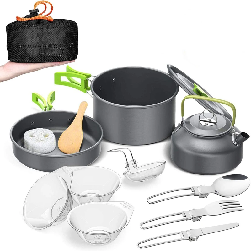 

Camping Cookware Utensils Tableware Pot Set Outdoor Picnic Cooking Teapot Bowl Frying Pan Kettle Set With Folding Cutlery