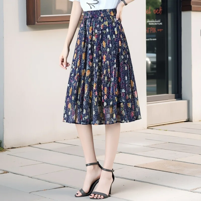 Falda de Gasa Floral Vintage para Mujer, Talla Grande, Cintura Alta, Estilo Coreano, Holgada, Casual, para Primavera y Verano