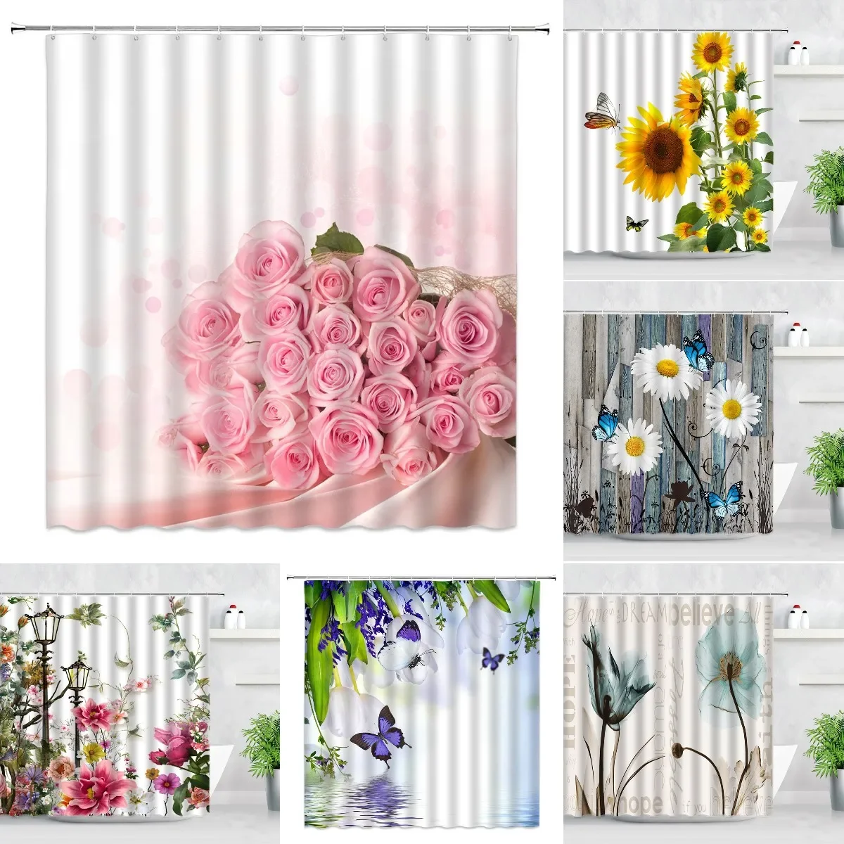 Shower Curtain Garden Colorful Flowers Natural Scenery 3D Waterproof Fabric Bathroom Curtains Bath Accessories Bathroom Decor