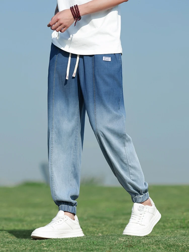 

aduated Color Silk Denim Jeans Men Summer Thin Ice Silk Casual Loose Trousers Dstring Harlan Pants Trendy Long Pants