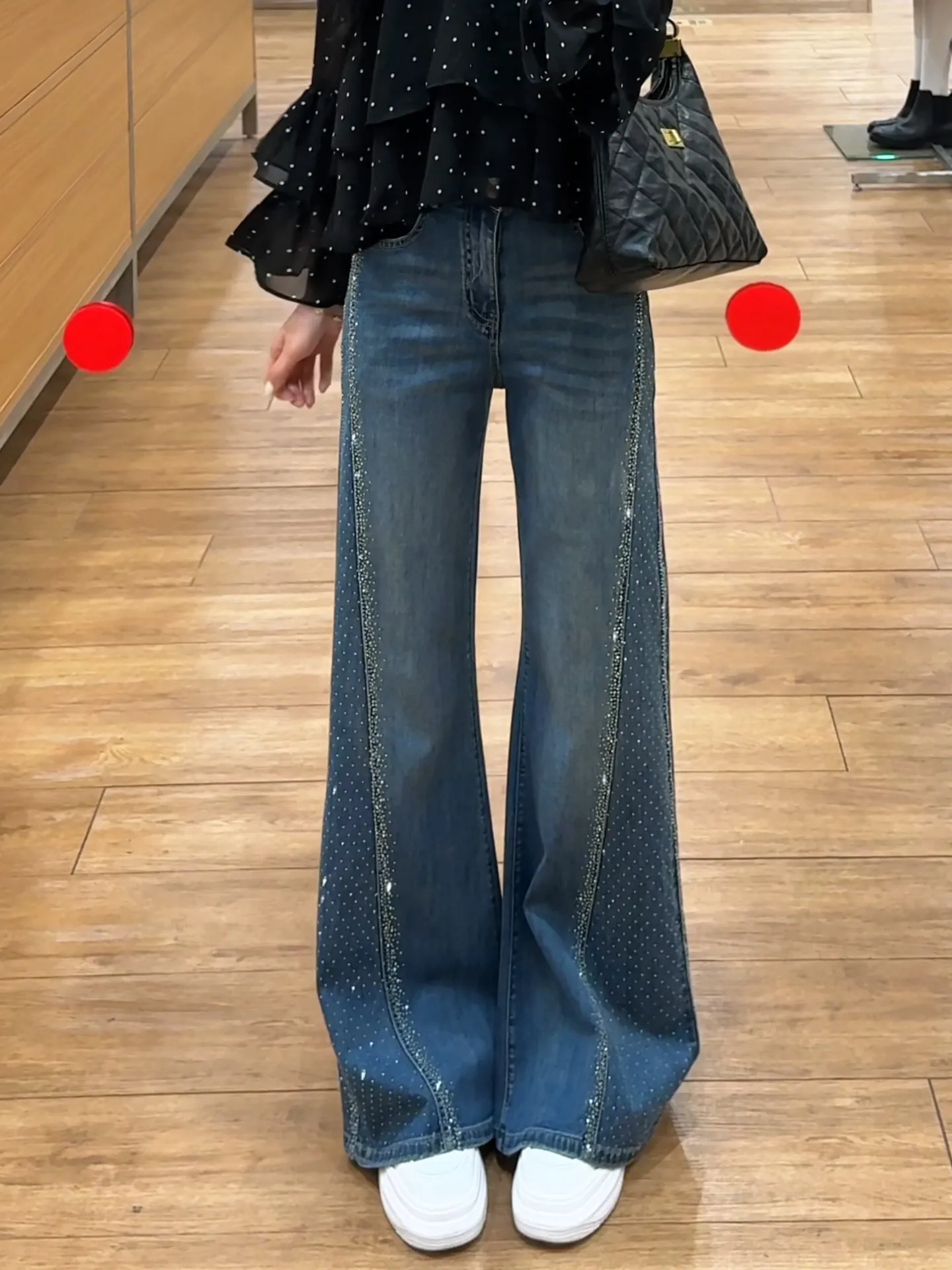 

Retro High Waist Glittery Slim Straight Leg Jeans Women's Spring New Sle Faionable Slimming Bell Bot