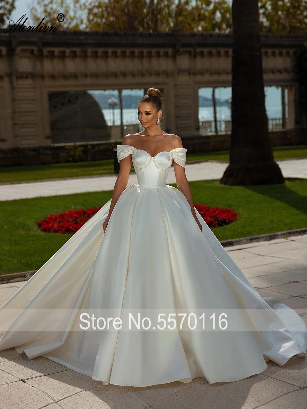 Alonlivn Luxurious Satin Sweetheart Ball Gown Wedding Dress Off Shoulder Sleeves Beading Pearls Princess Bridal Gowns