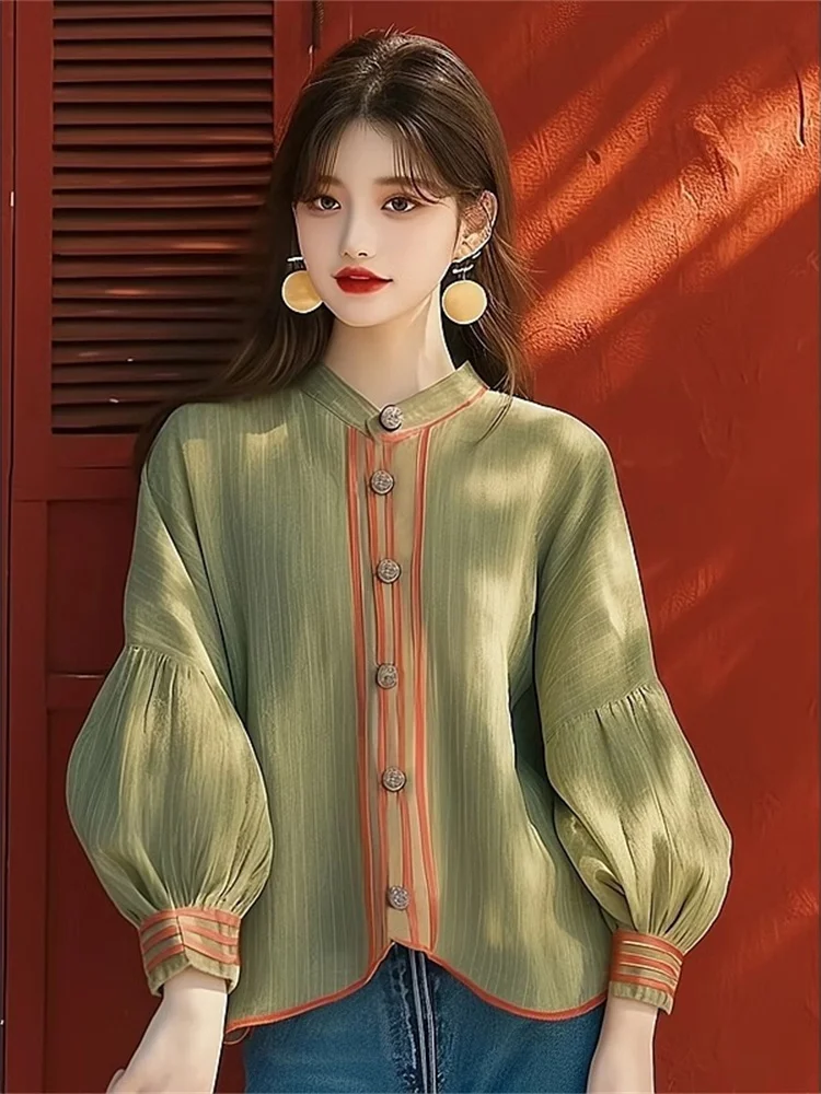 Ele Loose Fit Lantern Sve irt Dames Casual Sle Patchwork Opstaande Kraag Zonbescherming Top Leeftijd Defng Design