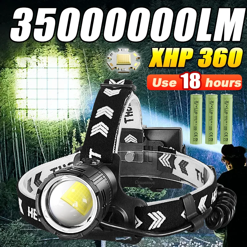 XHP360 Powerful Headlamp Portable 3*18650 USB Rechargeable Lamp Super Powerful Head Flashlight Long Range LED Headlamp Fishing