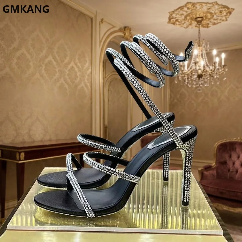 Summer High Heels Sandals Women Rhinestone Snake Wrap Ankle Strap Stiletto Heels Crystal Bridal Evening Party Shoes