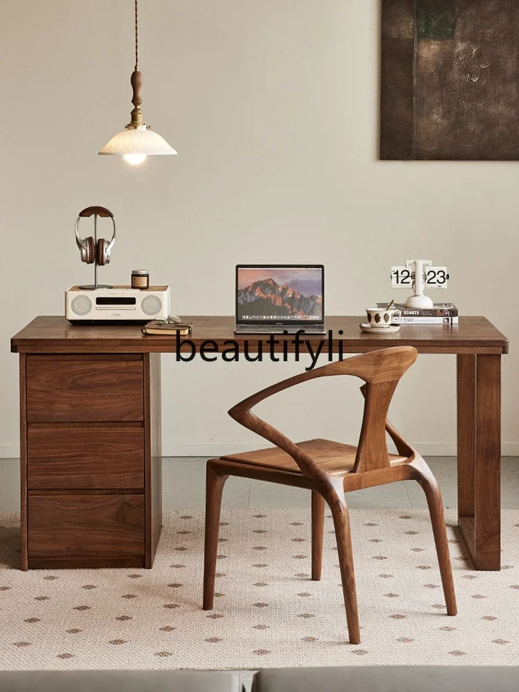

North American black walnut desk Nordic simple solid wood writing desk with drawer computer desk0746
