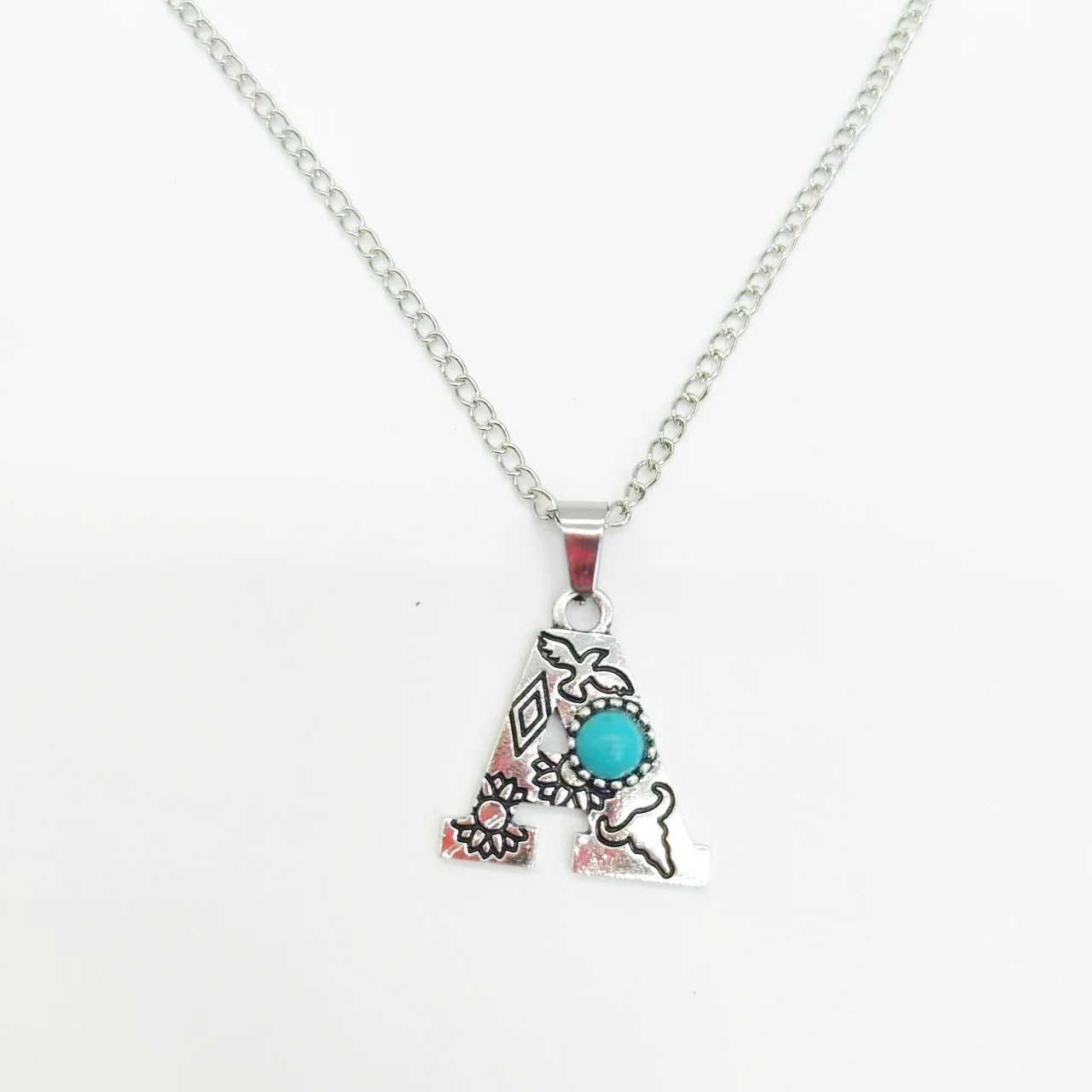 1PC Ethnic Turquoise Stone Letters A-Z Pendant Necklace Women Jewelry Wholesale Bohemian Ethnic Charm Necklace