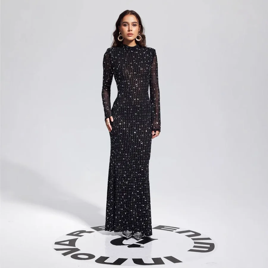 

Stylish Women's Black Sheer Long - Sleeve Hot Drilling Calf-length Dress with Sparkling Embellishments Ideal for Evening Events