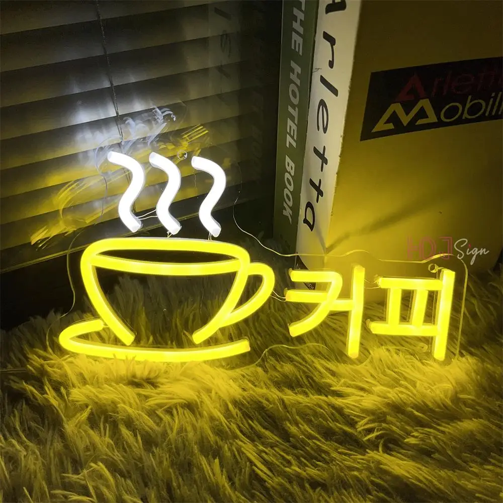 Korean Neon Sign Coffee  Neon Lights Sign For Cafe Bar Restaurant Coffee Shop Room Decor Wall Coffeehouse Open Sign LED Lights