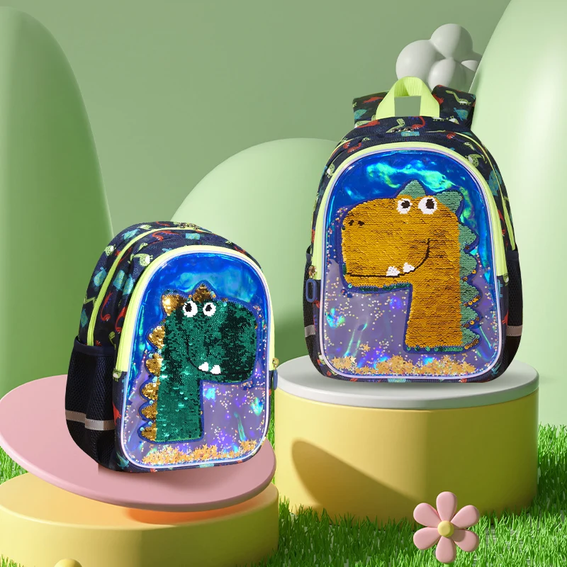 Sunveno Dinosaur Kids Backpack Reversible Sequins for Preschool Early Elementary Kindergarten Backpack for Kids 3-6 years