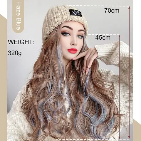 लंबे घुंघराले बालों वाली विग के साथ सिंथेटिक 18 इंच की बुनी हुई टोपी, लहराती विग, सर्दियों की विग, बेज/नीली/कॉफी बुनी हुई टोपी क्रिसमस पोशाक 10 best sales टोपी विग - №1