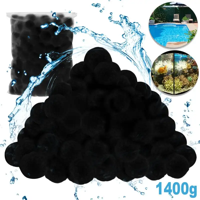 Média filtrant en fibres pour piscine, adapté aux piscines, aux filtres à sable, aux centres de bain, aux baignoires, aux spas, aux aquariums et au nettoyage des saletés (1400g, noir).
