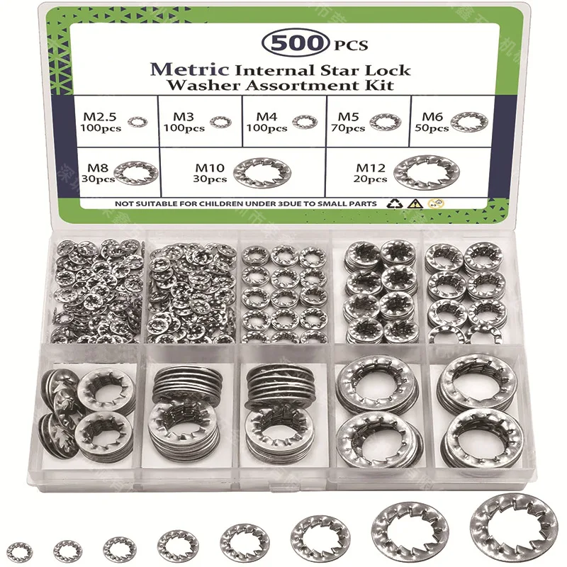 500Pcs Internal & External Tooth Lock Washers Assortment Kit, Spring Stainless Steel M2.5-M12