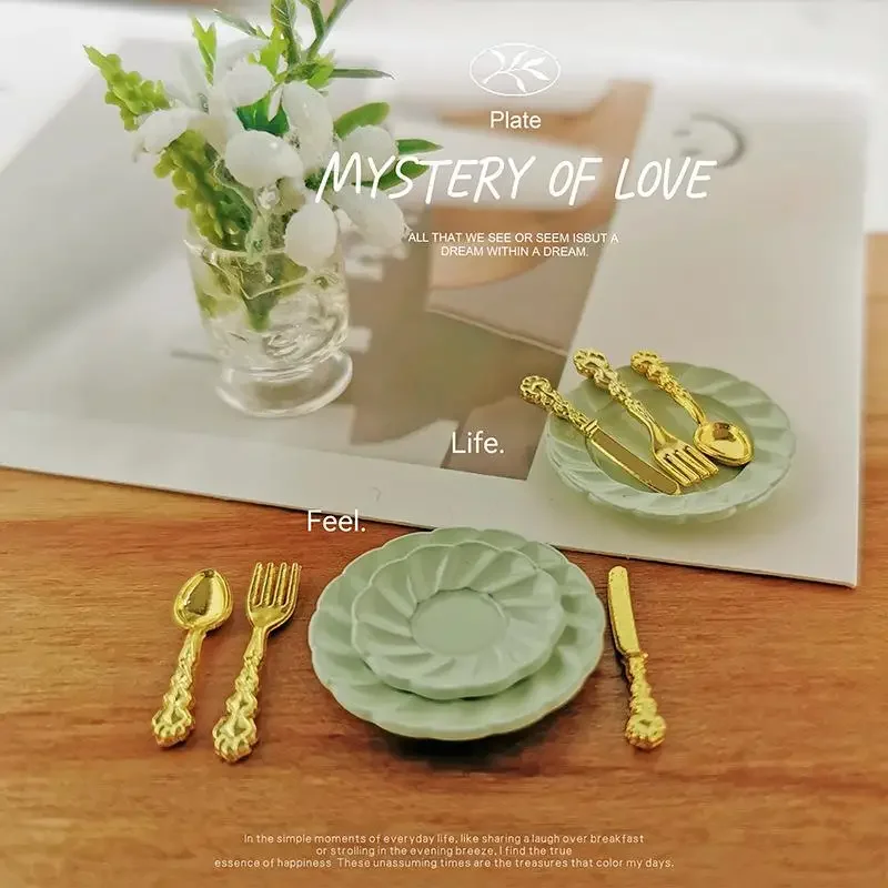 1 Set 1:12 Poppenhuis Miniatuur Taartschotel En Mes Vork Lepel Combinatie Model Voor Poppenhuis Decor Kinderen Fantasiespel speelgoed Gift