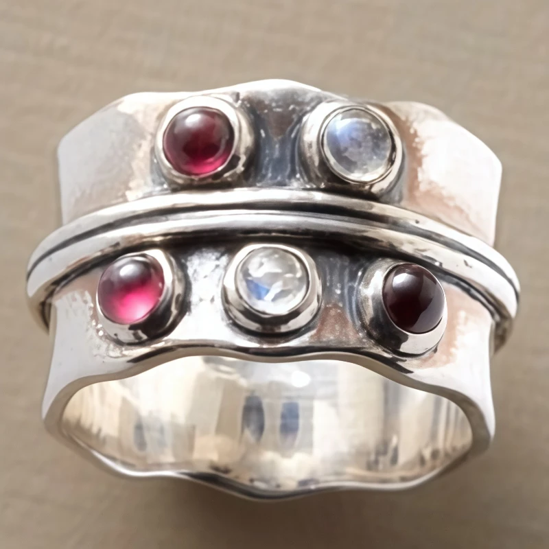 Bohemian Ethnic Style Silver Plated Ring Vintage Aesthetic Inlay Synthetic Zircon Daily Wear Ring Personality Jewelry