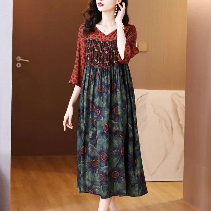 Women Floral Silk Luxury Elegant Party Dress Summer Short Sleeve V-Neck Loose Waist Dress 2024 Korean Vintage Casual Prom Dress