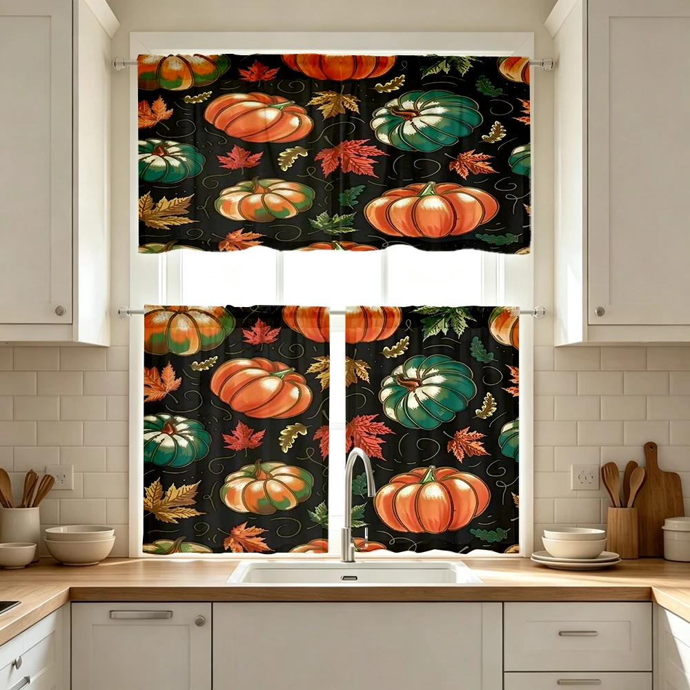 Thanksgiving Fall Kitchen Curtains, Black Pumpkin, Digital Print, Kitchen Dining Room, Rod Pocket Polyester, Home Decor