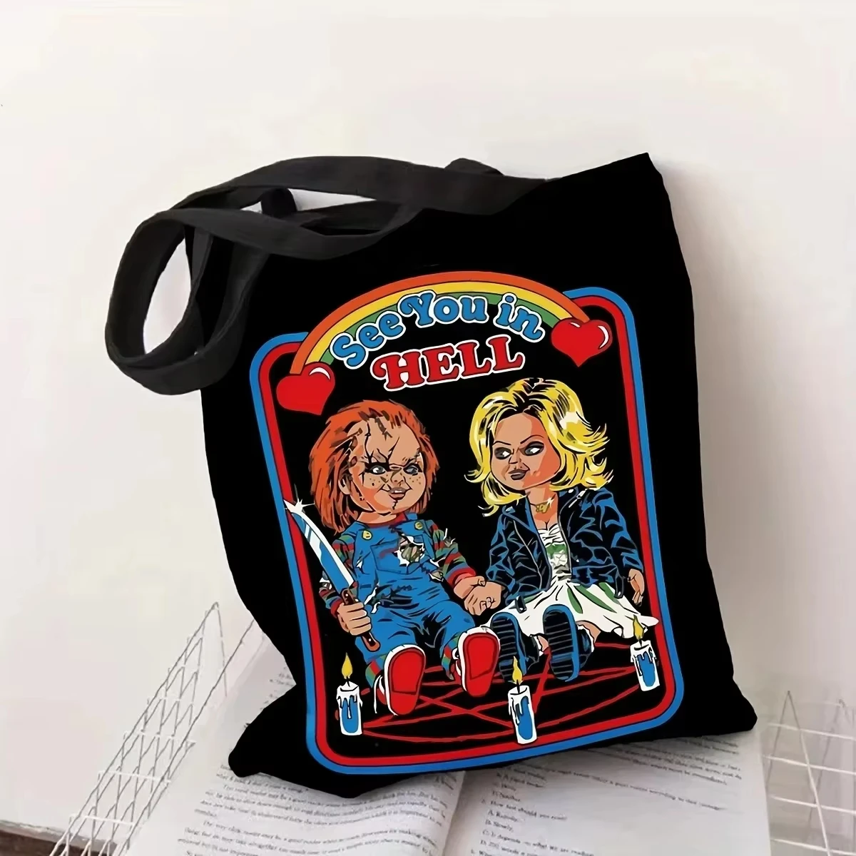 

Halloween Funny Cartoon Horror Movie Tote Bag Large Capacity Canvas Shoulder Bag, Perfect Halloween Festival Shopping Bags
