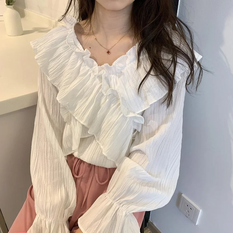 Blouses Woman Elegant Office Ladies All-match Solid Folds Butterfly-sleeve Sweet Casual Summer V-neck Korean Style Ins Design