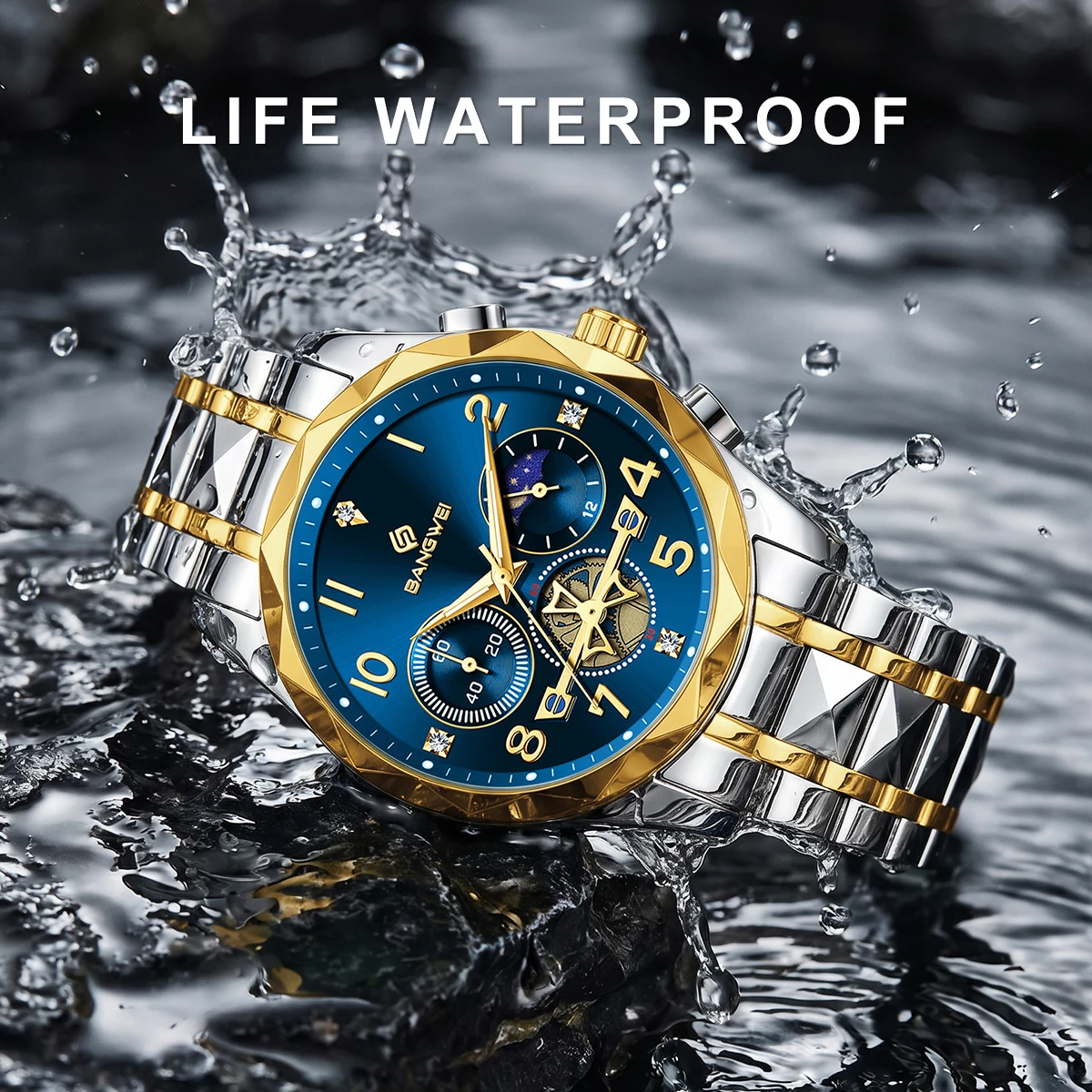 BANGWEI Man Wristwatch Waterproof Luminous Date Quartz Man Watch Luxury Stainless Steel Quartz Men's Watches Moon Phase