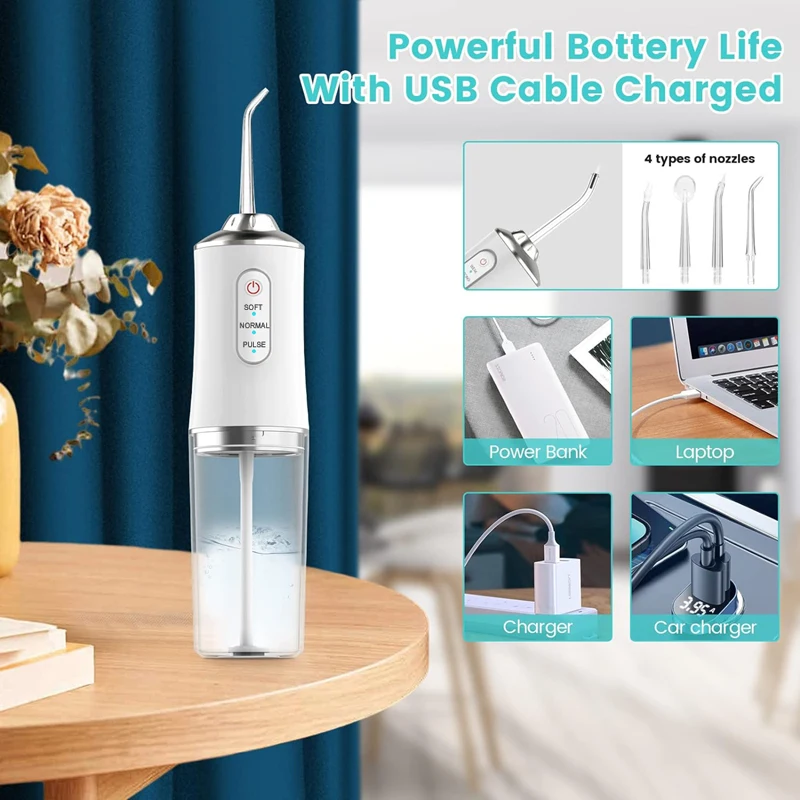 Portable Dental Water Flosser Oral Irrigator USB Rechargeable Water Floss Jet Tooth Pick 4 Tips 220ml Mouth Washing Machine image 5