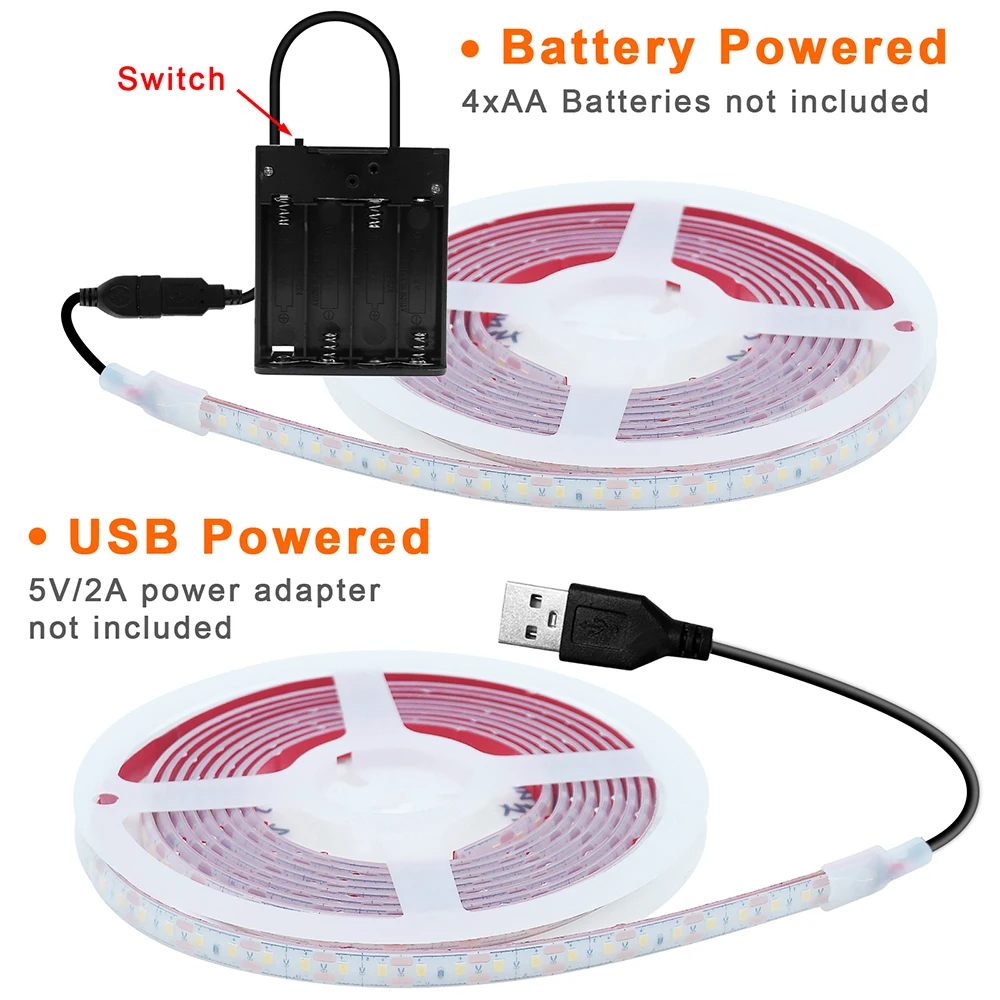 5V USB/Battery Power LED Strip Light SMD 2835 120 LEDs Flex Adhesive Tape IP68 Portable Silicone Lamp Warm White Home Lighting