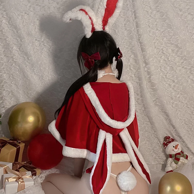 AniLV 2022 Christmas Santa Claus Hooded Shawl Cloak Unifrom Costume Women Bunny Girl Rabbit Ears Cape Cosplay Just 1*Cloak