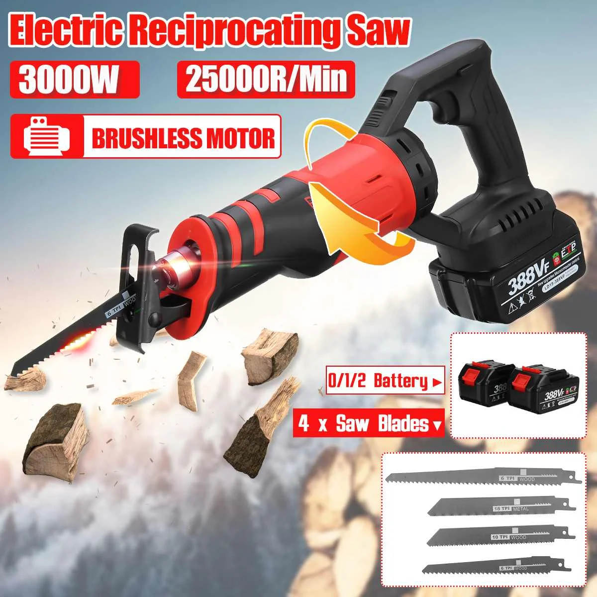 3000W Brushless Reciprocating Saw Electric Saw Cutting 3 Angle Modes Portable Cordless Power Tools For Makita 18V Battery