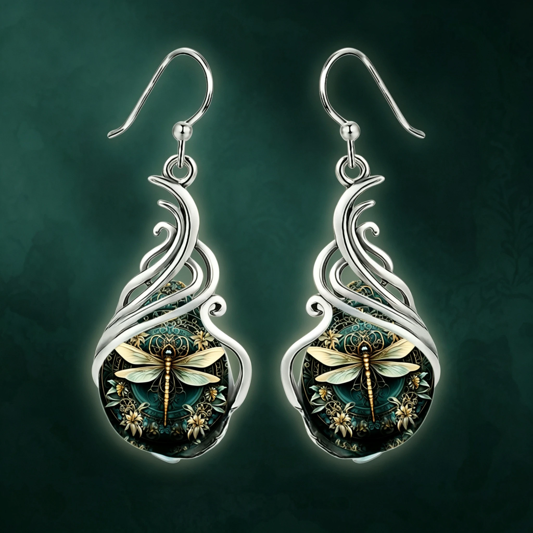 Women's Elegant Boho Green Stone Dragonfly Hoop Earrings