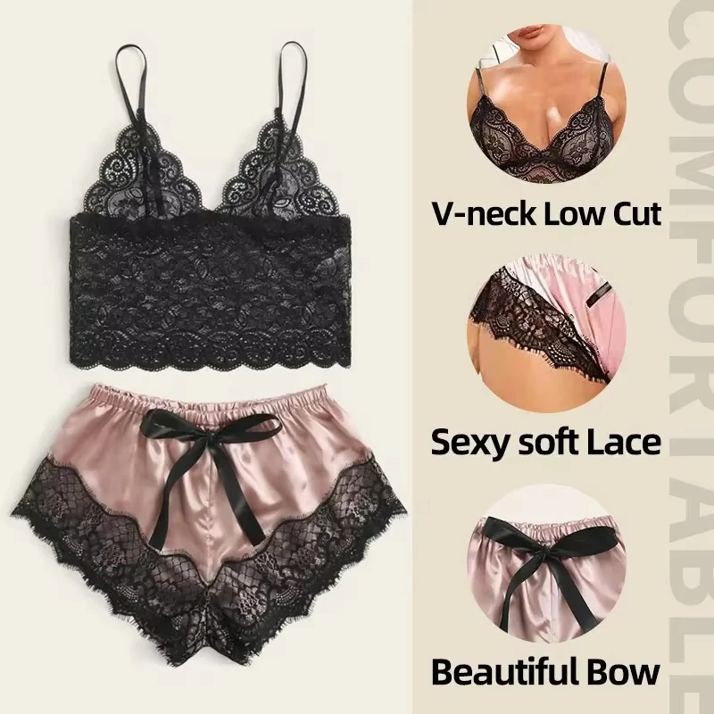 2025 Summer 2 Pcs Women's New Sexy Lace See-Through Pajamas Black Pink Cute Clothes Comfortable Breathable Suspender Shorts Set