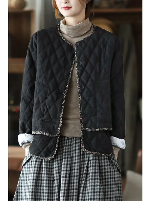 

Retro Cotton Jaet Women's Winter New Sle Thiened Warm Diamond Pattern ort Coat Large Size Embroidery Busin Casual