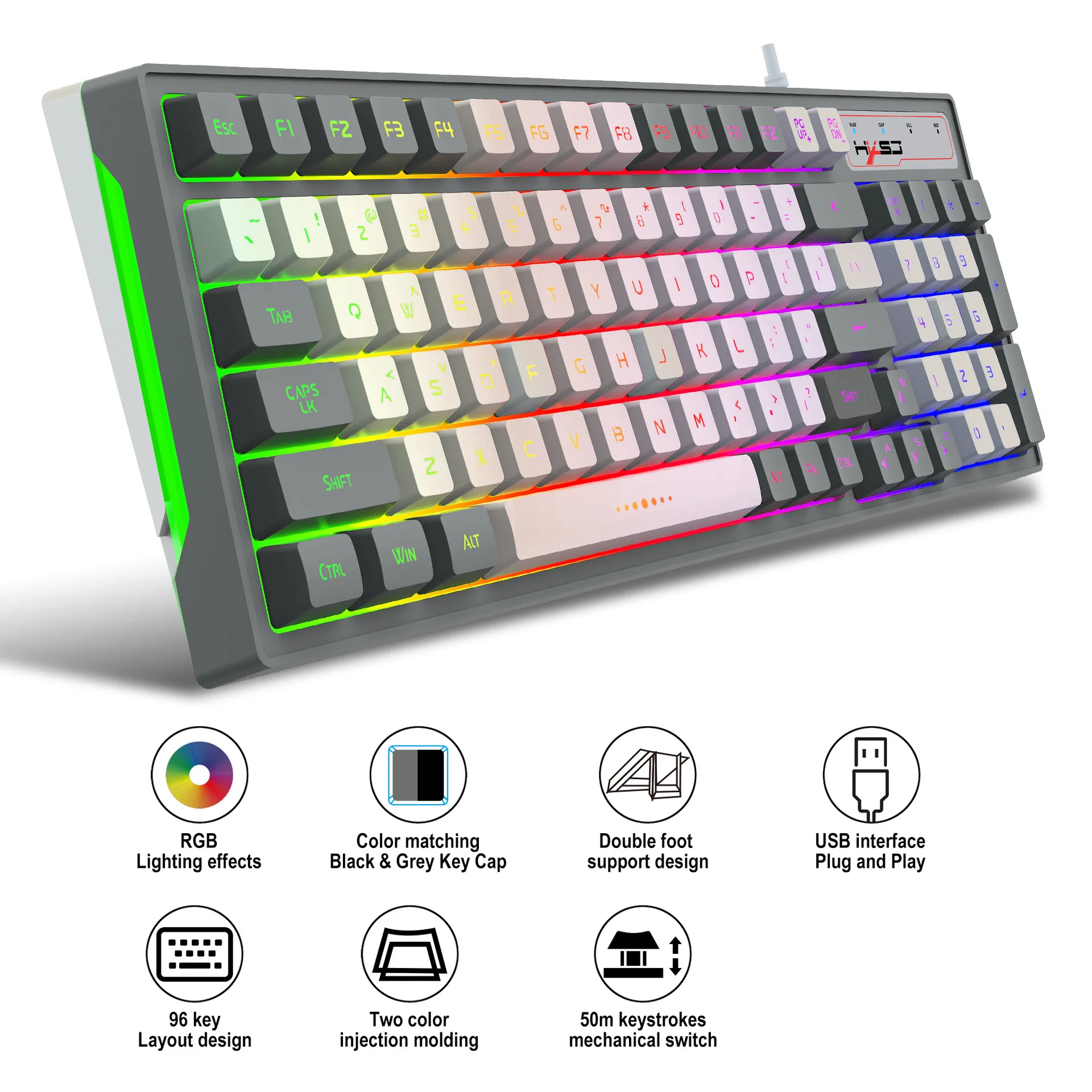 Mechanical Feel Cool RGB Backlit Gaming Keyboard 96Keys Color-blocked Customized Gaming Keyboard For PC Computer Laptop Window