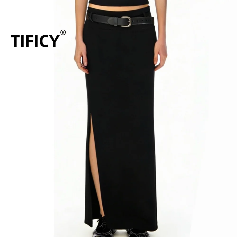 High Street Slim Med Skirts Women's Spring and Summer New Classic Elegant Elastic Slip on Side Slit Long Skirt
