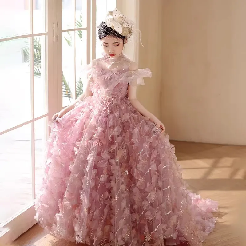 

Pink Children's Light Luxury Host Piano Performance Costume Little Girl Birthday Princess Dress