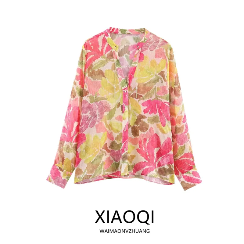 

Женская свободная блузка с цветочным принтом, универсальная, для повседневной носки, весна 2026, с бисерной отделкой, длинный рукав, модный женский топ