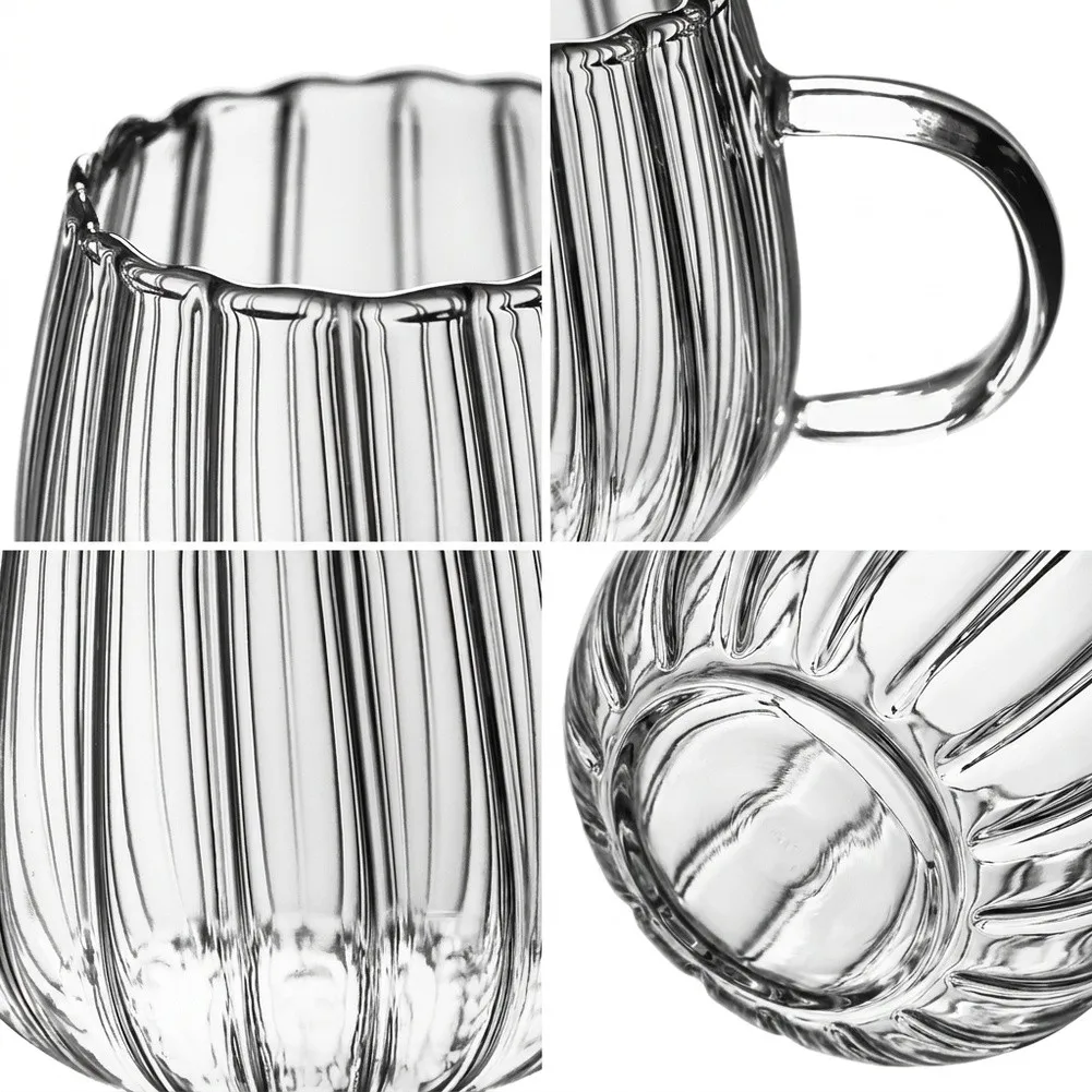 4 Transparent Glass Drinking Cups with Vertical Lines and Integrated Curved Handle for Stable Beverage Handling
