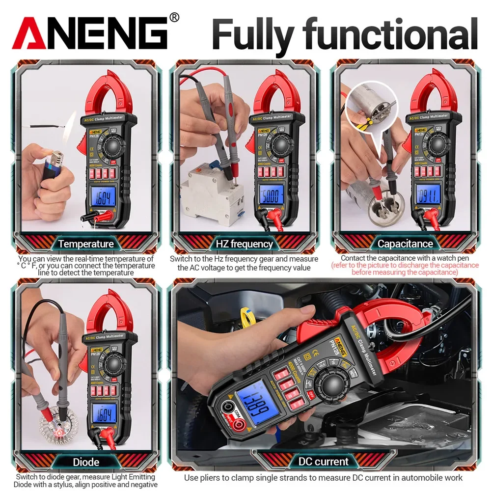 ANENG-PN128 Clamp Meter, AC DC Voltage Tester, 600A Corrente, NCV True Rms Multímetro, Auto Ranging Ferramentas Eletricista