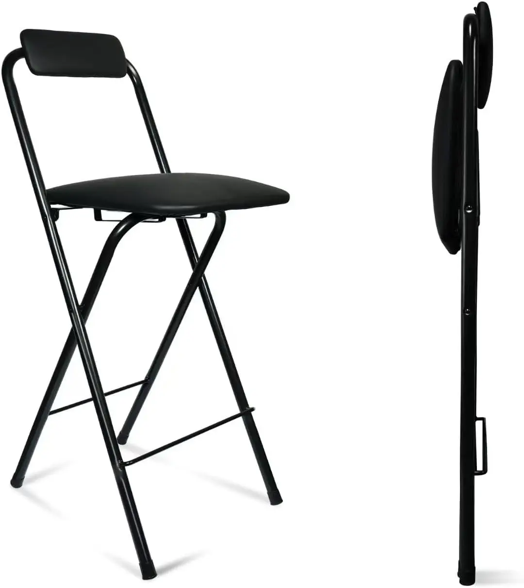 

Folding Bar Stool With Back, Tall Foldable Stool Chair Portable Adult Collapsible Stools Counter Height Seat Leather Padded