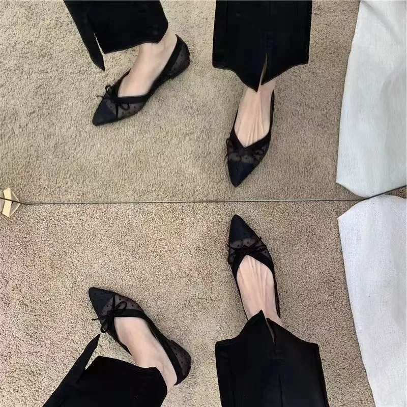 2026 Summer New Polka Dot Single Shoe Air Mesh Pointed Toe Butterfly Knot Soft Bottom Shallow Mouth Flat Heels Casual Women Shoe - view 5